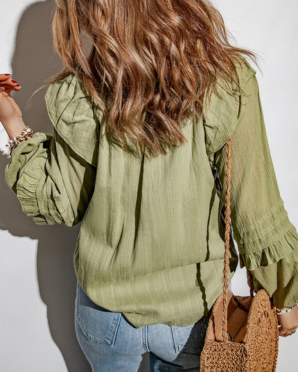 Ruffled Notched Neck Balloon Sleeve Blouse