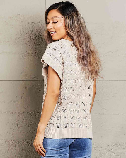 Double Take Round Neck Short Sleeve Cable-Knit Top