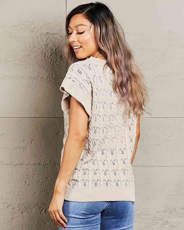 Double Take Round Neck Short Sleeve Cable-Knit Top