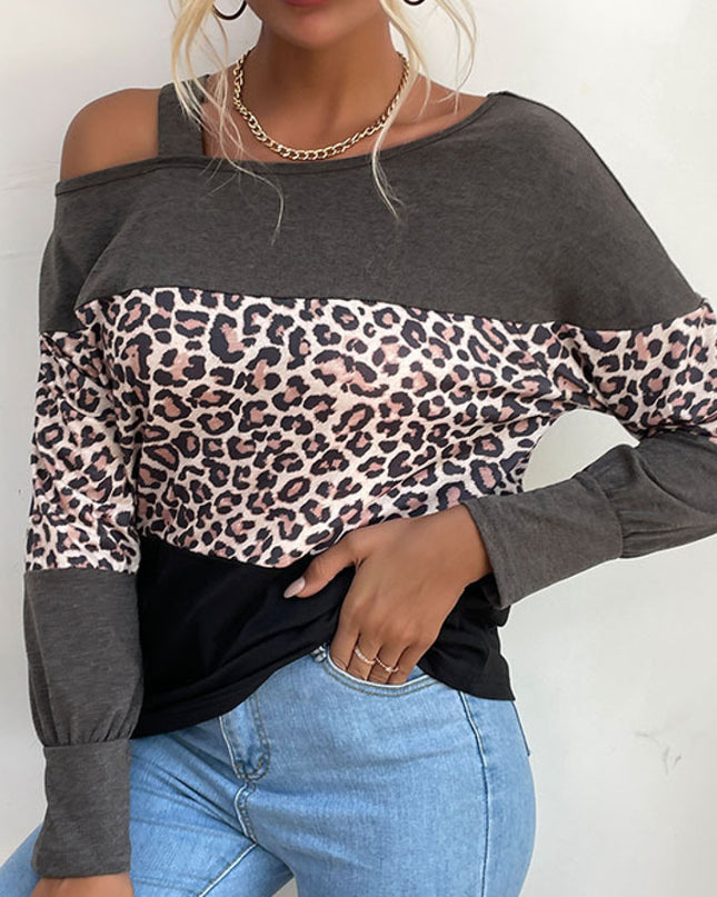Leopard Print Color Block Cold  Shoulder Top