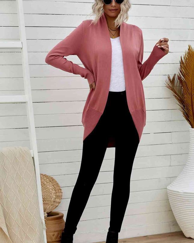 Double Take Long Sleeve Ribbed Hem Open Front Longline Cardigan