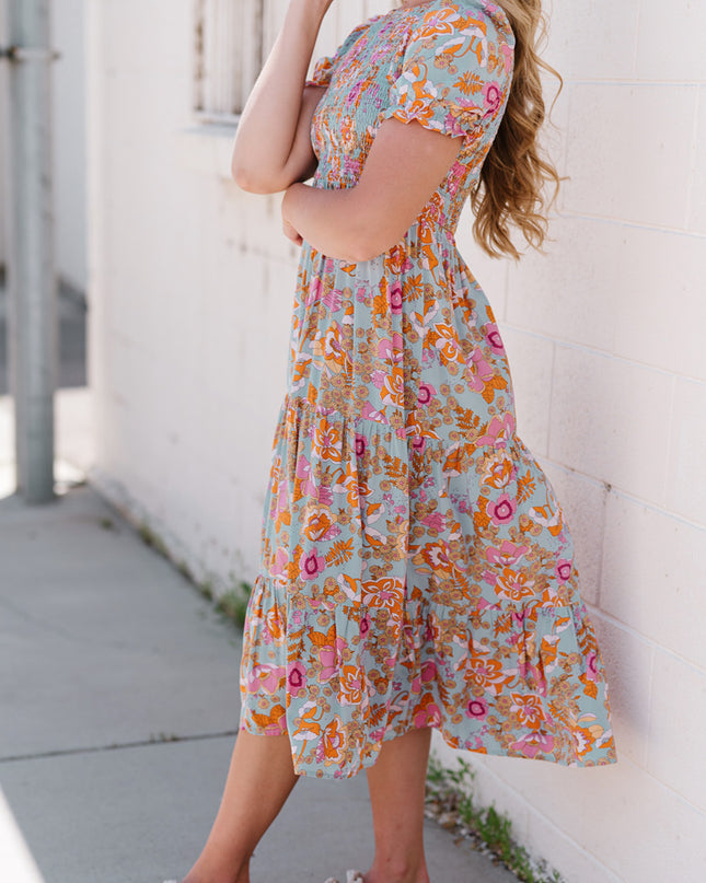 Floral Flounce Sleeve Round Neck Midi Dress