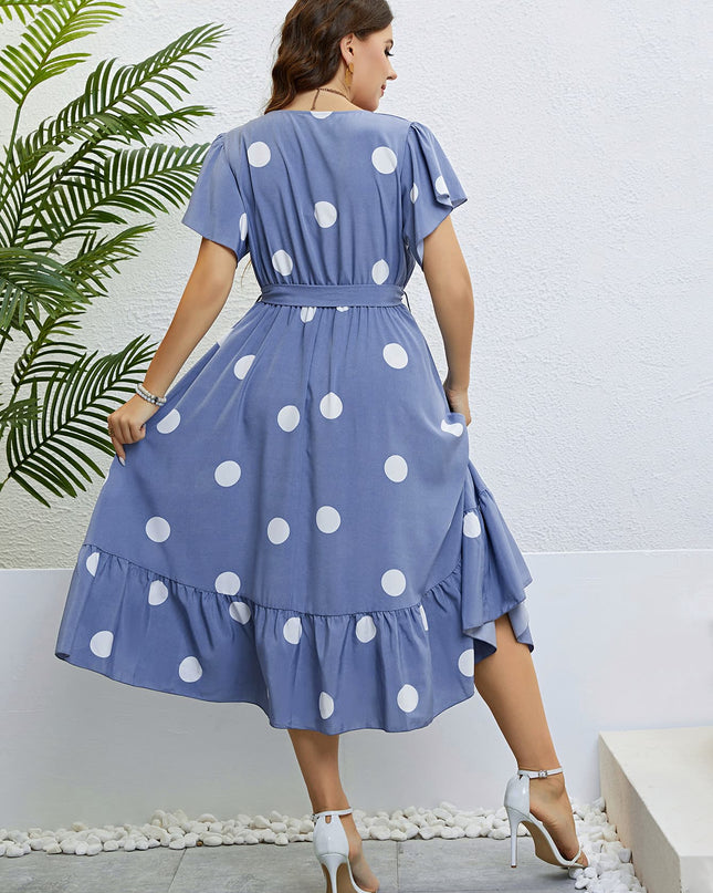 Polka Dot Belted Flutter Sleeve Ruffle Hem Dress