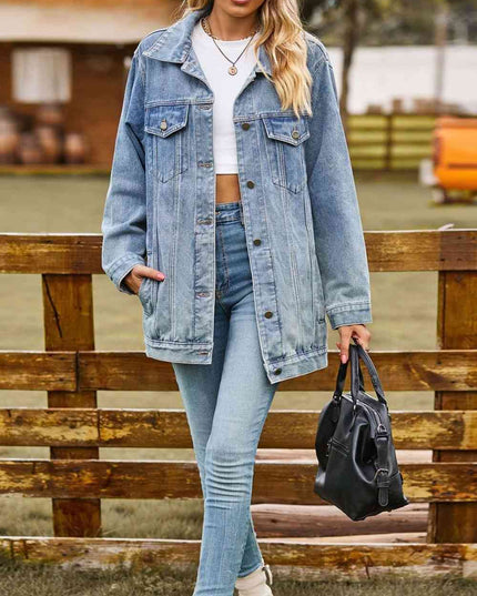 Buttoned Collared Neck Denim Jacket with Pockets