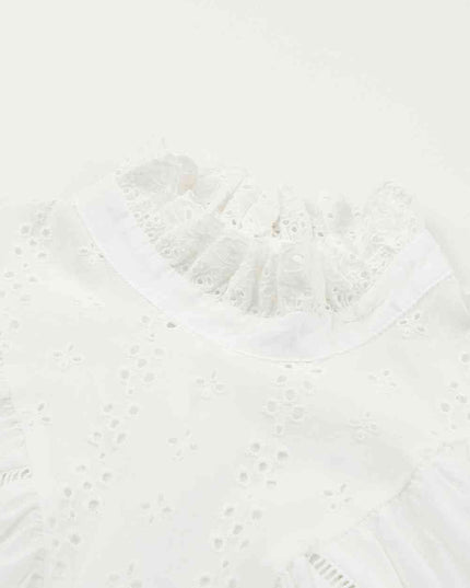 Spliced Lace Curved Hem Flounce Sleeve Top