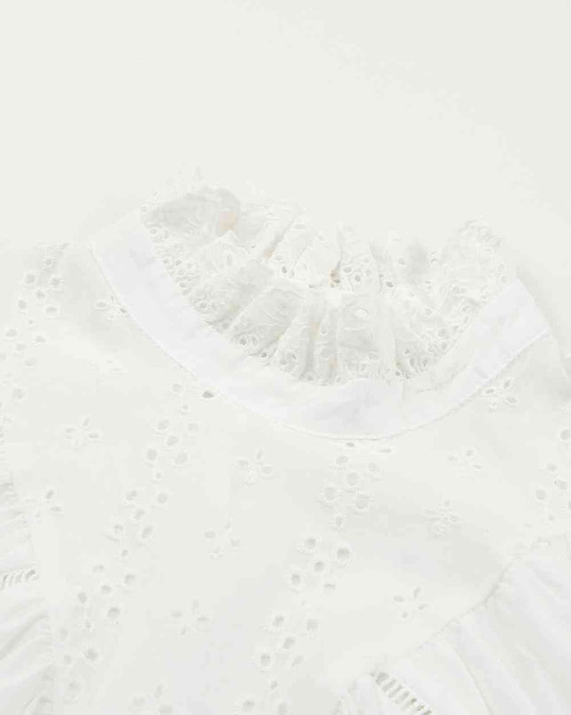 Spliced Lace Curved Hem Flounce Sleeve Top