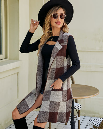 Plaid Lapel Collar Sleeveless Cardigan