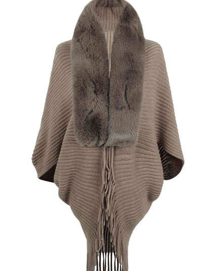 Fringe Detail Long Sleeve Ribbed Poncho