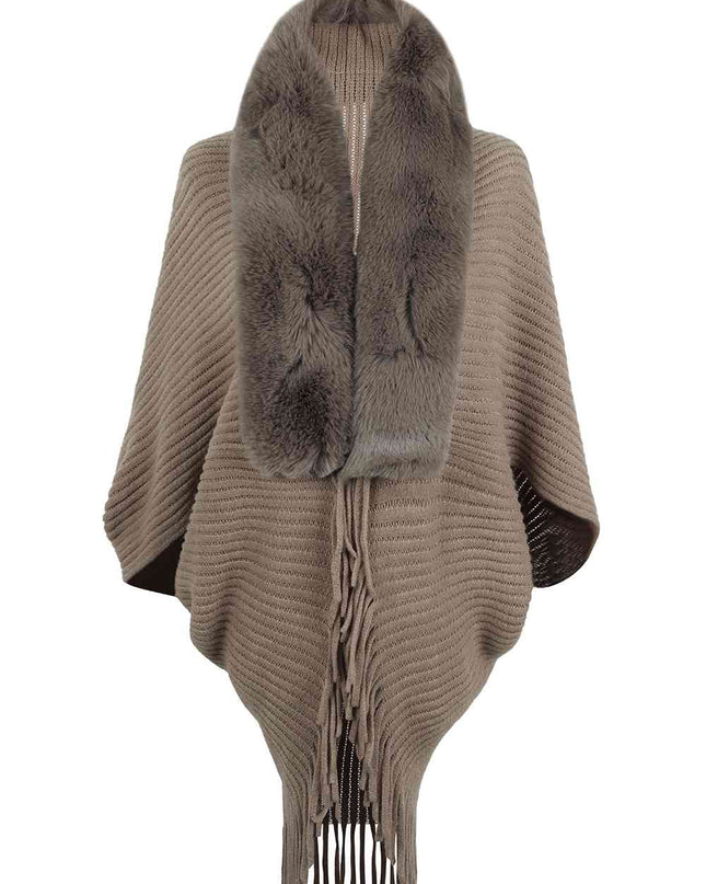 Fringe Detail Long Sleeve Ribbed Poncho