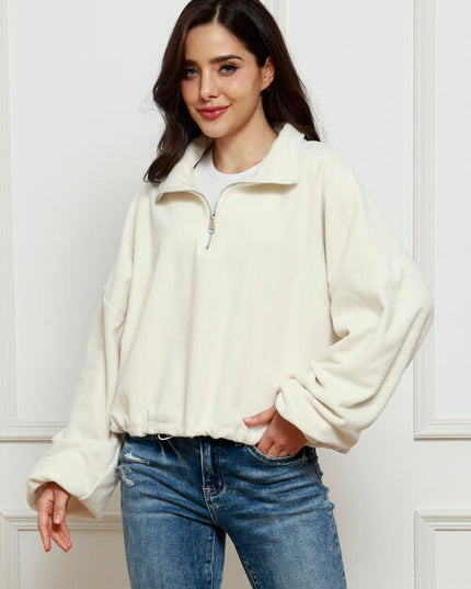 Half-Zip Collared Drop Shoulder Fleece Sweatshirt