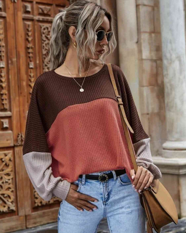 Color Block Waffle-Knit Long Sleeve Top