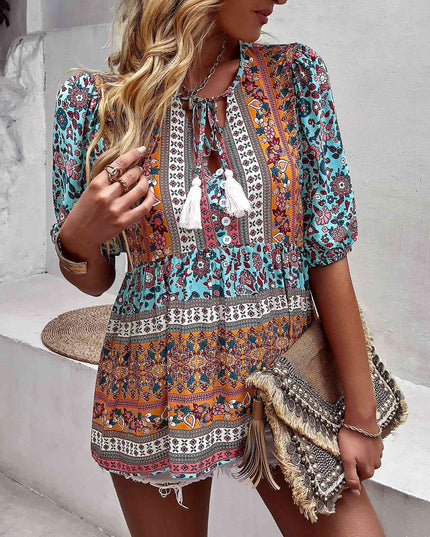 Bohemian Tassel Tie Puff Sleeve Babydoll Blouse