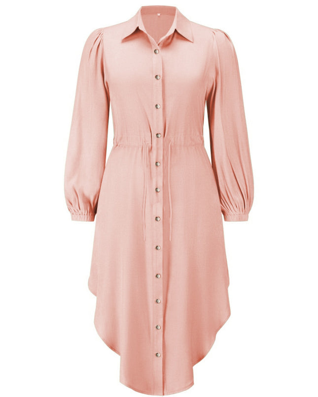Drawstring Button Up Balloon Sleeve Dress
