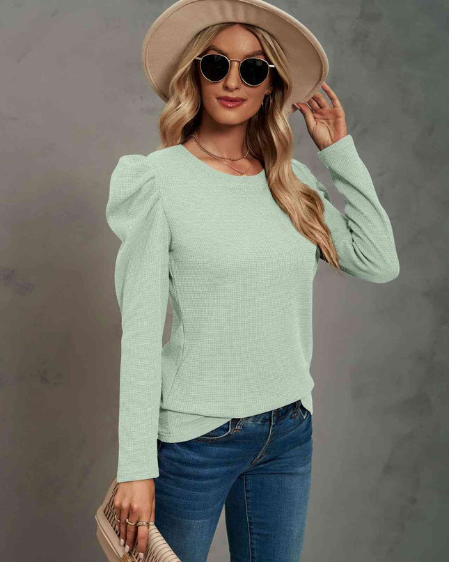 Waffle-Knit Puff Sleeve Round Neck Top