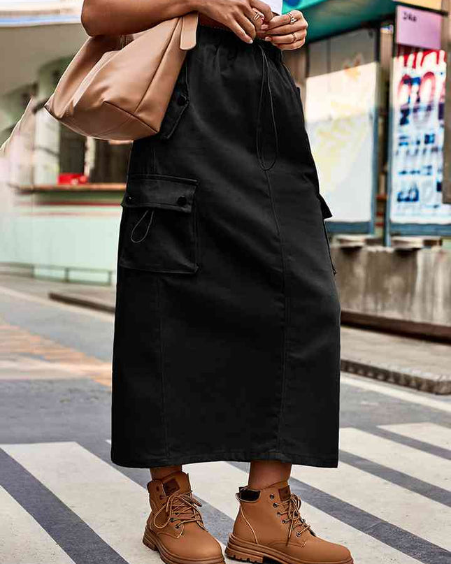 Drawstring Waist Slit Denim Skirt