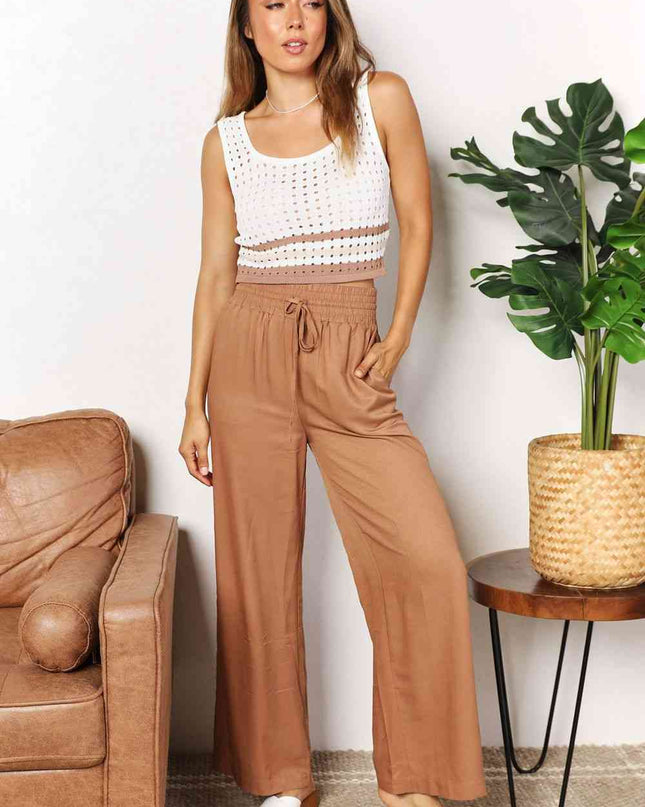 Double Take Drawstring Smocked Waist Wide Leg Pants
