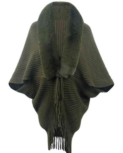 Fringe Detail Long Sleeve Ribbed Poncho