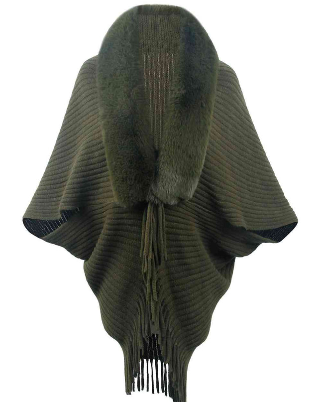 Fringe Detail Long Sleeve Ribbed Poncho
