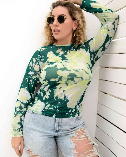 Plus Size Printed Round Neck Long Sleeve Blouse
