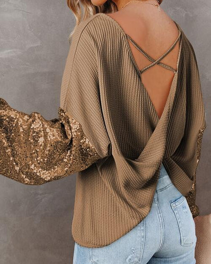 Sequin Waffle-Knit Blouse