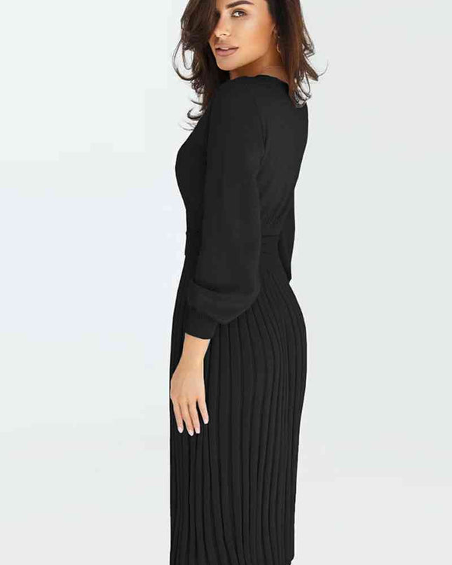 Round Neck Long Sleeve Pleated Sweater Dress