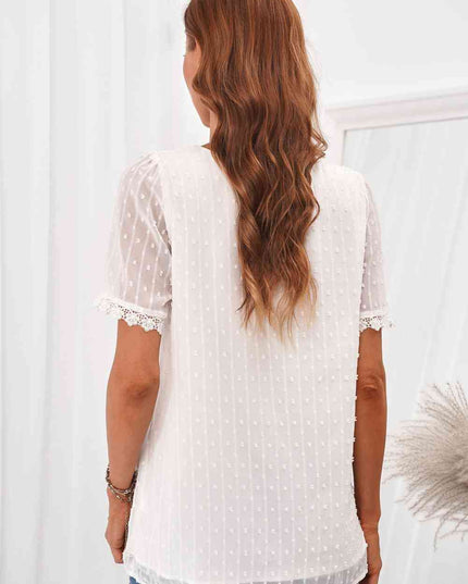 Swiss Dot Lace Trim V-Neck Short Sleeve Blouse