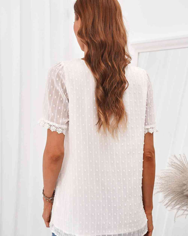 Swiss Dot Lace Trim V-Neck Short Sleeve Blouse
