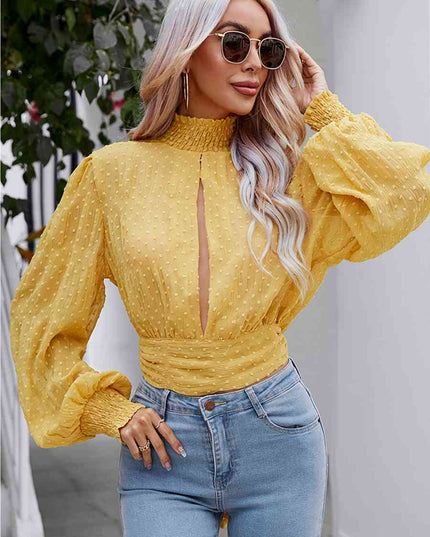 Swiss Dot Cutout Smocked Mock Neck Blouse