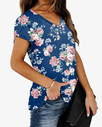 Printed Petal Sleeve V-Neck Blouse