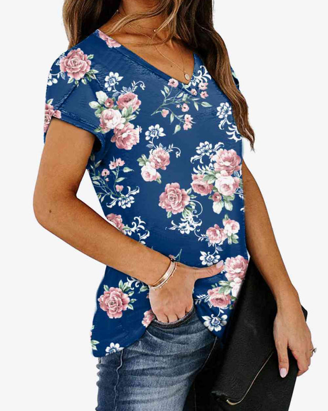 Printed Petal Sleeve V-Neck Blouse