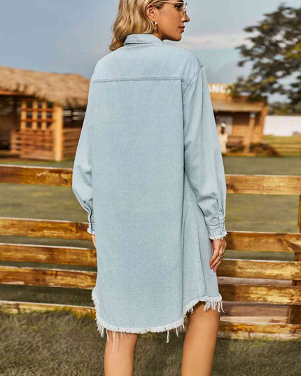 Button Up Collared Neck Raw Hem Denim Dress