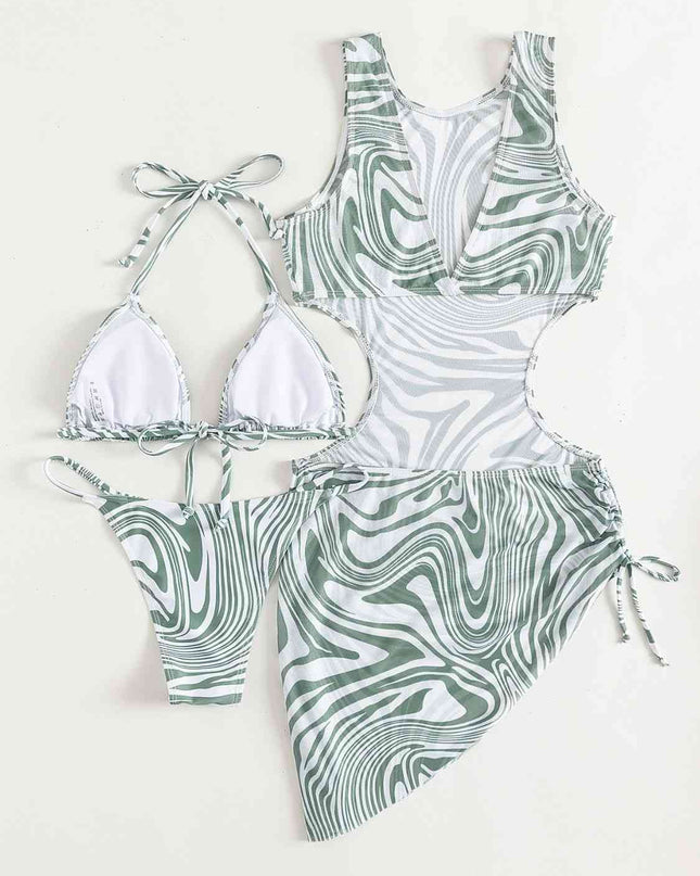Abstract Print Tie Back Three-Piece Swim Set