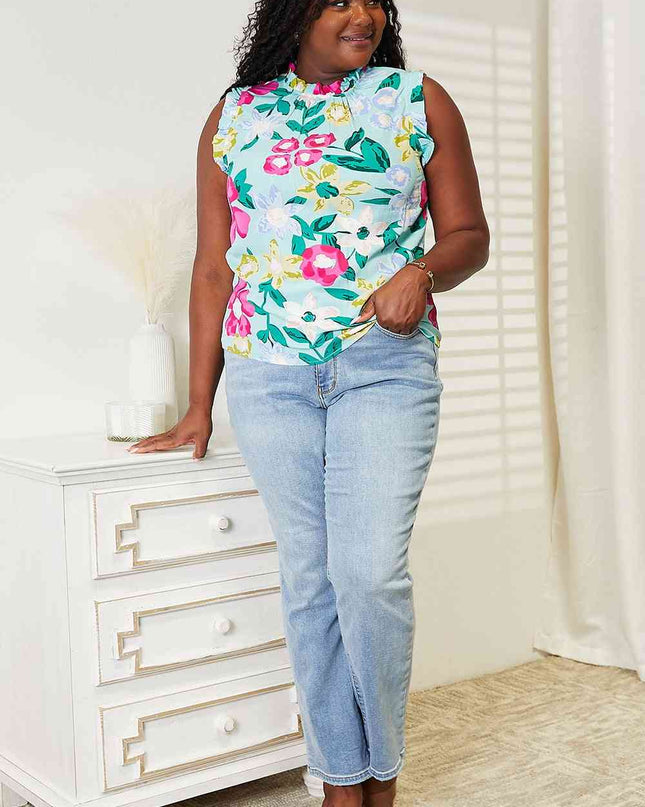 Double Take Floral Print Ruffle Shoulder Blouse