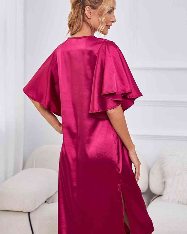 Satin Flutter Sleeve Side Slit V-Neck Night Dress
