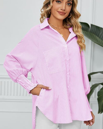 Striped Button Up Smocked Long Sleeve Shirt