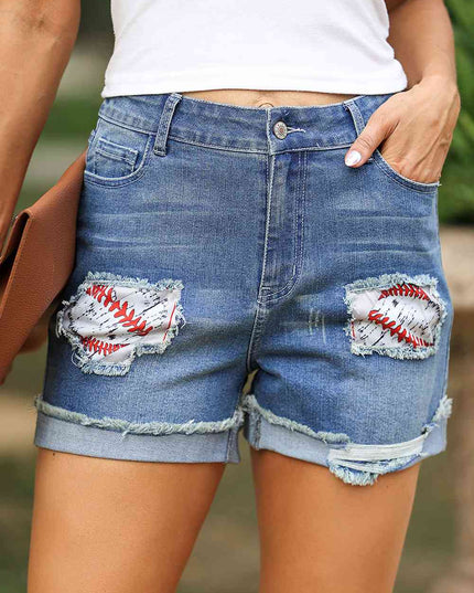 Printed Patch Raw Hem Denim Shorts