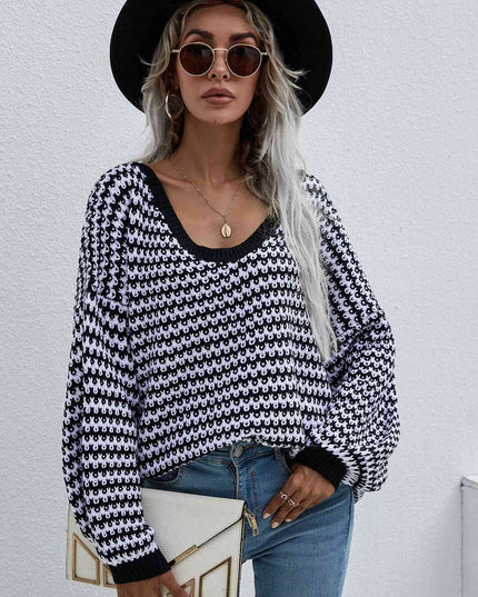 Striped Drop Shoulder V-Neck Pullover Sweater
