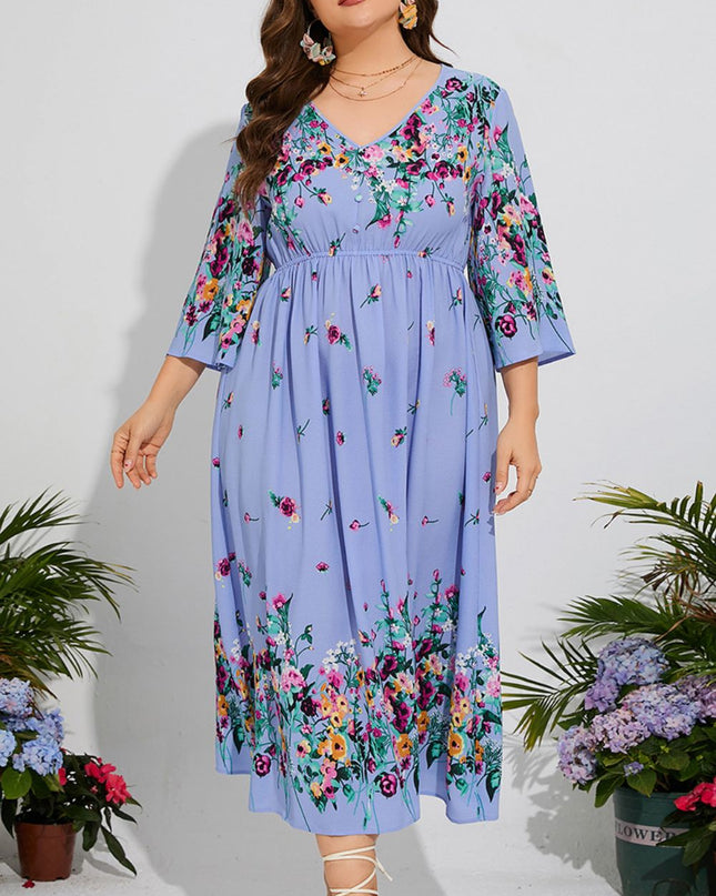 Plus Size Floral V-Neck Three-Quarter Sleeve Midi Dress