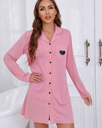 Heart Graphic Lapel Collar Long Sleeve Night Dress