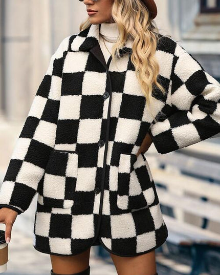 Double Take Full Size Checkered Button Front Coat with Pockets