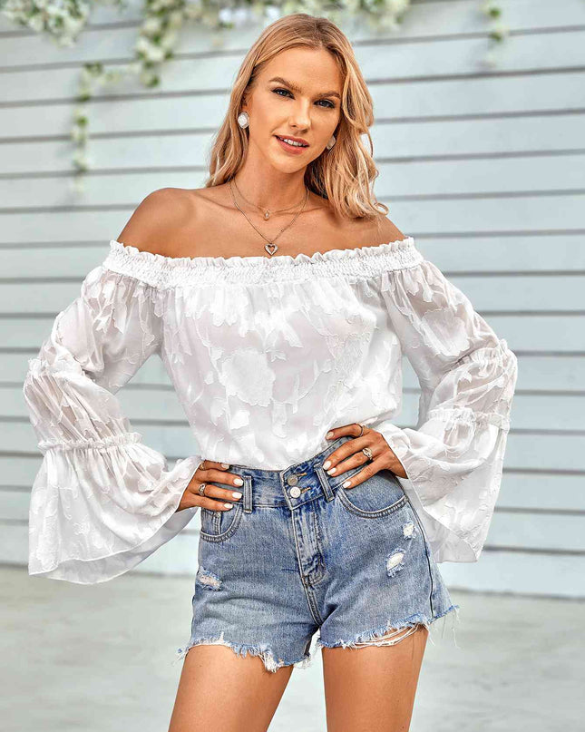 Applique Flounce Sleeve Off-Shoulder Blouse