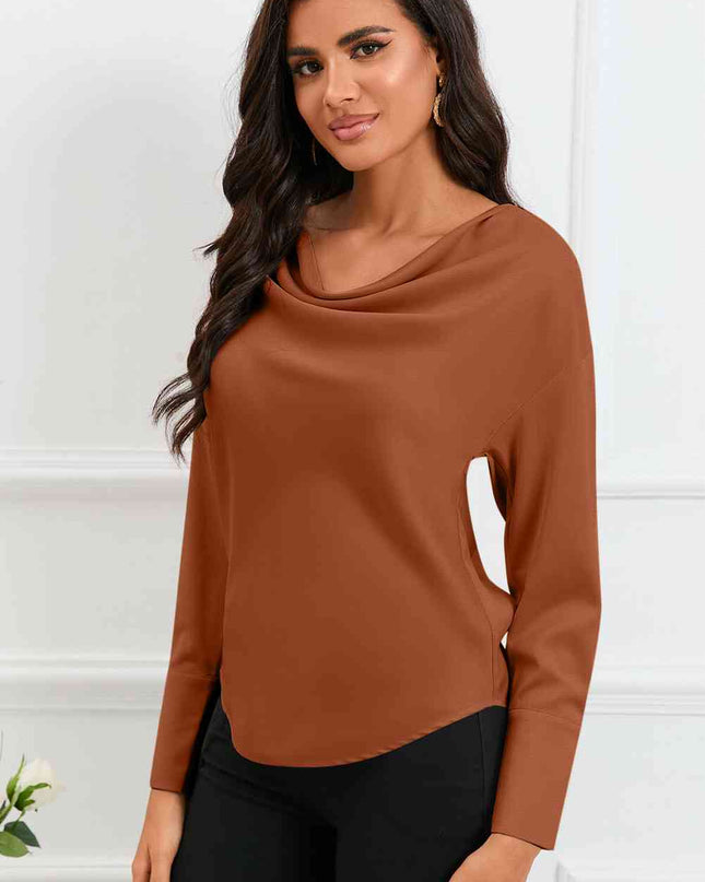 Cowl Neck Dropped Shoulder Long Sleeve Back Tie Blouse