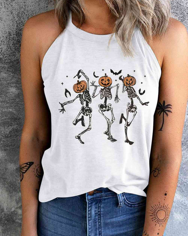 Round Neck Dancing Pumpkin Head Skeleton Graphic Tank