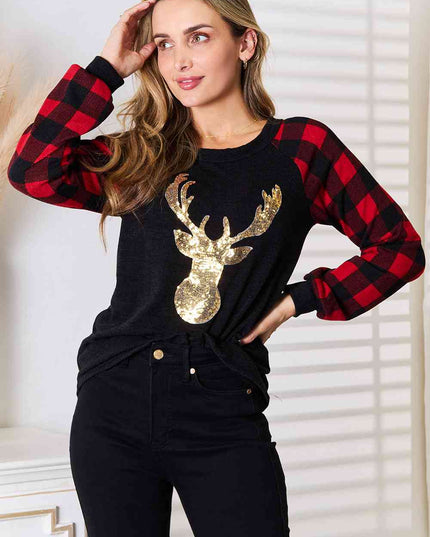 Heimish Full Size Sequin Reindeer Graphic Plaid Top