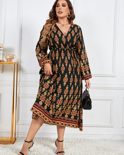 Plus Size Printed V-Neck Surplice Neck Dress