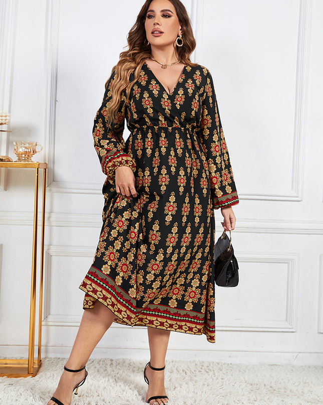 Plus Size Printed V-Neck Surplice Neck Dress