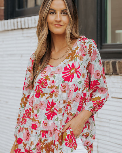 Floral V-Neck Tiered Babydoll Blouse