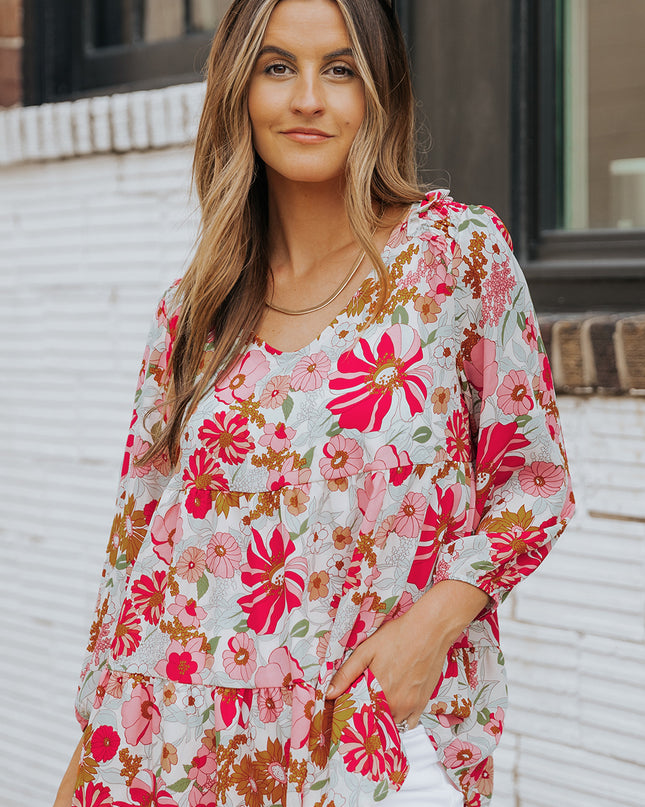 Floral V-Neck Tiered Babydoll Blouse