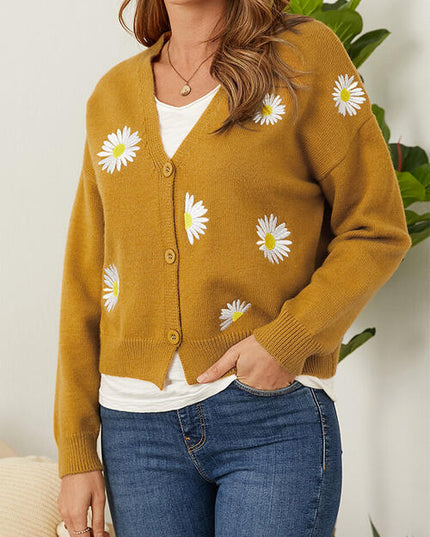 Flower Button Front Dropped Shoulder Cardigan