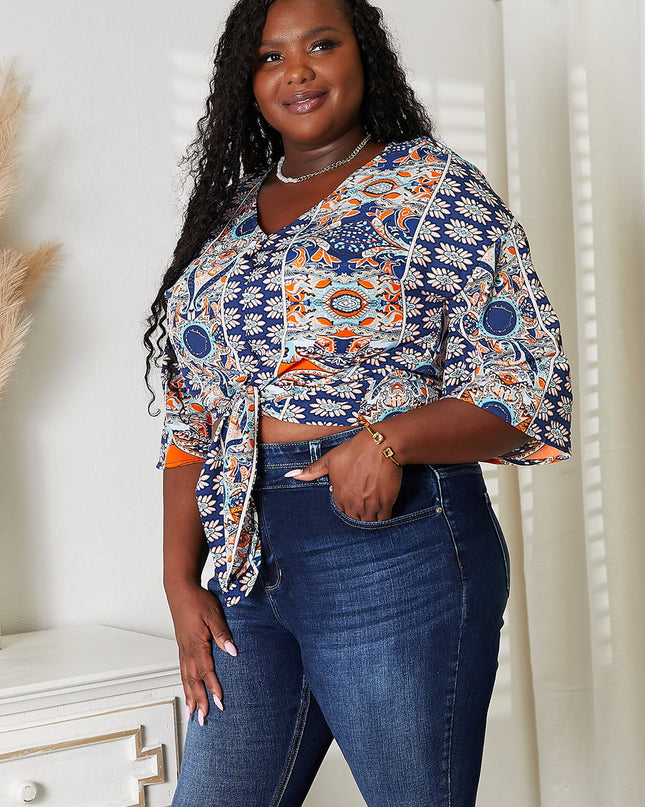 Double Take Tie Hem V-Neck Three-Quarter Sleeve Blouse